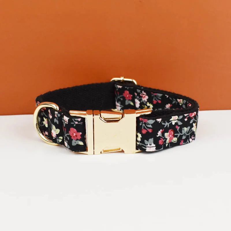 Floral-patterned dog collar with gold buckle on a white surface against an orange background