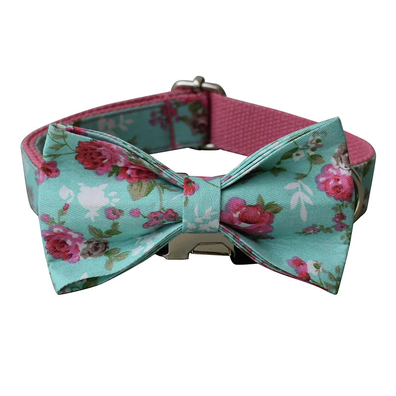 Floral dog bow tie and collar set on a white background