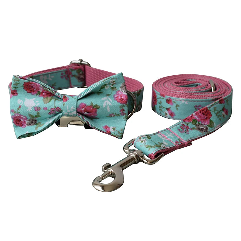 Floral dog collar and leash set on a white background