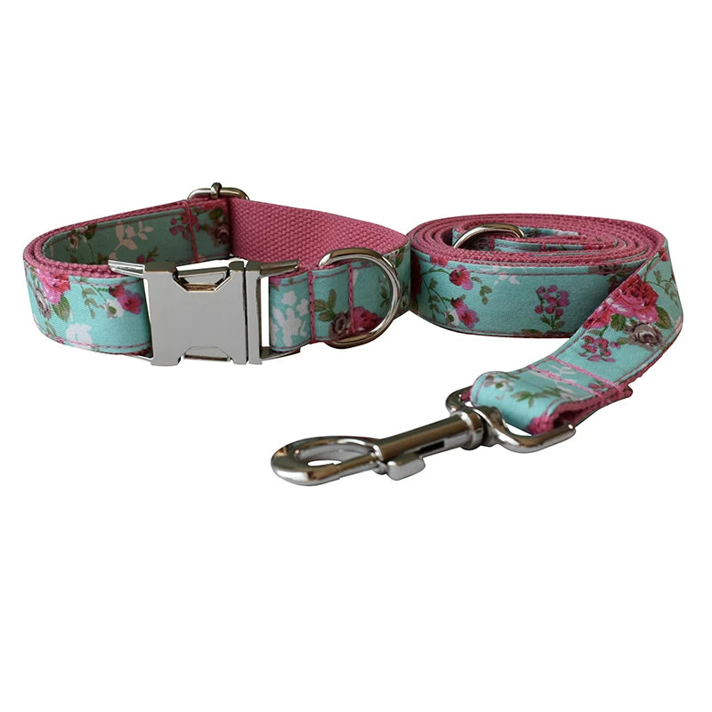Floral dog collar and leash set on a white background