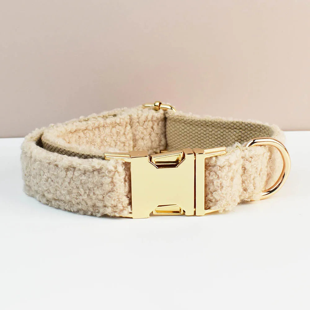 Dog collar with fleece-like texture and gold buckle on a light background