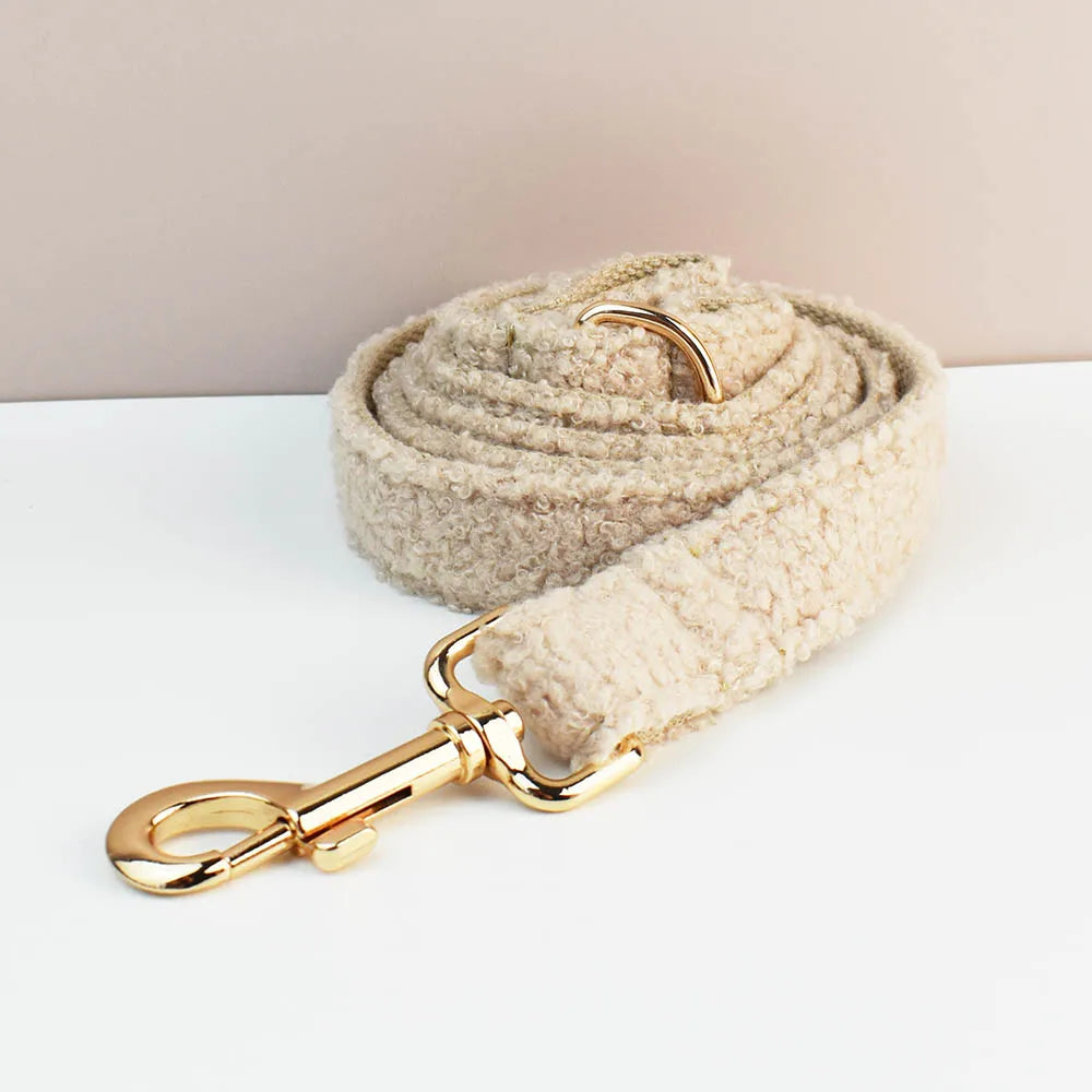 Beige dog leash with gold clip on a white surface