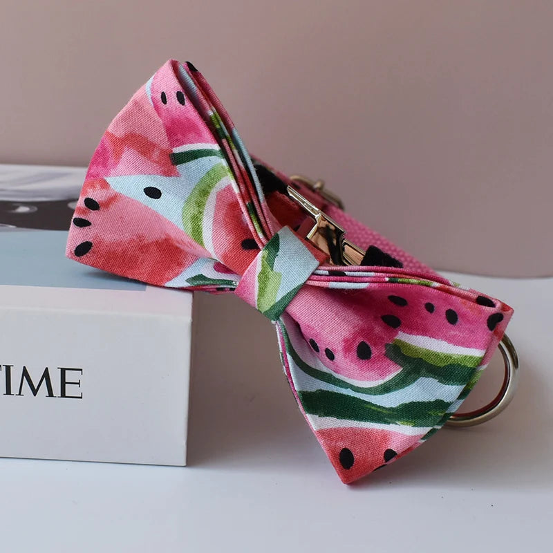 Watermelon patterned bowtie on a white surface with a blurred background