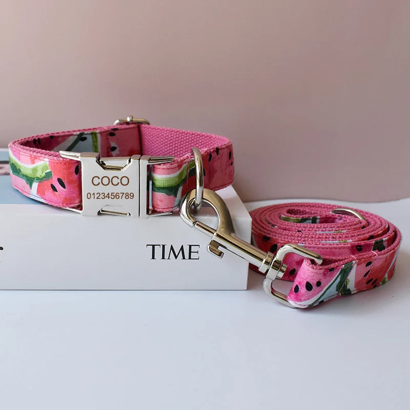 Pink watermelon-patterned dog collar and leash with a silver buckle on a white surface.