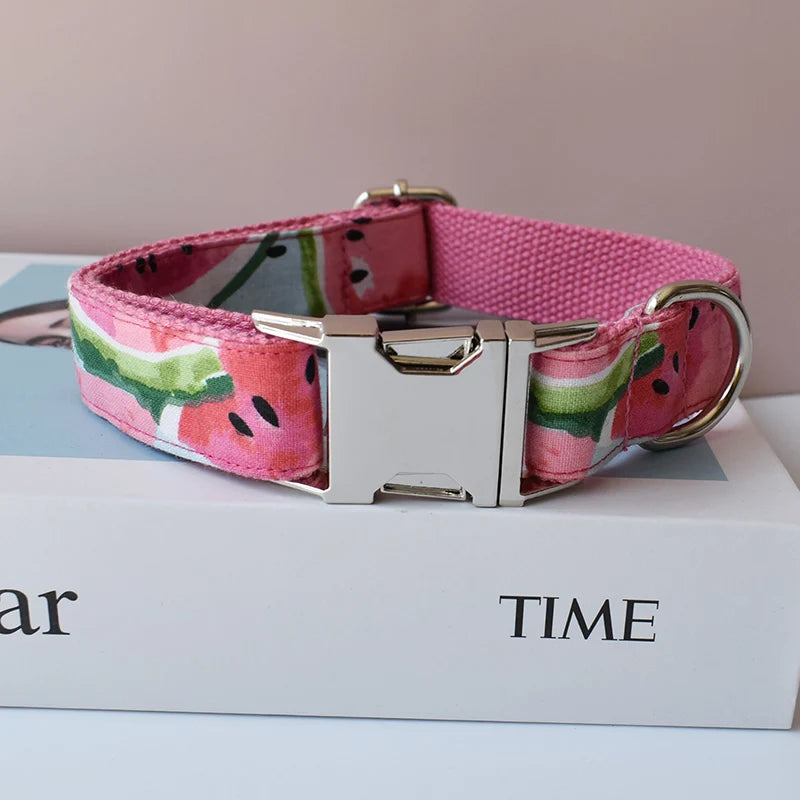 Pink dog collar with watermelon pattern on a 'TIME' book