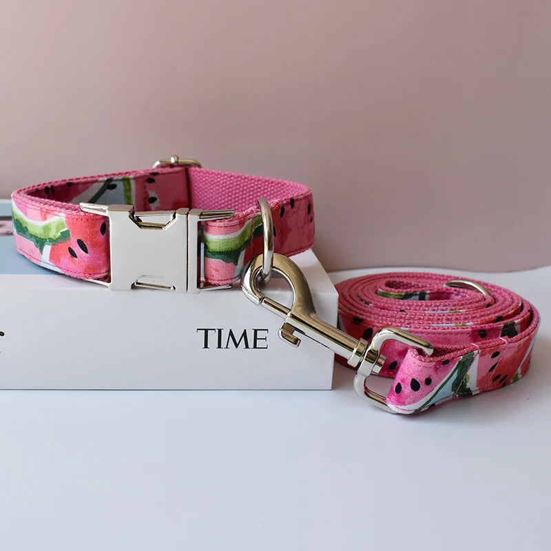 Pink watermelon-patterned dog collar and leash on a white surface with 'TIME' book.