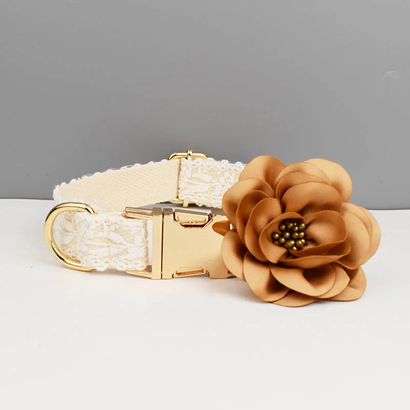 Dog collar with a decorative flower on a gray background