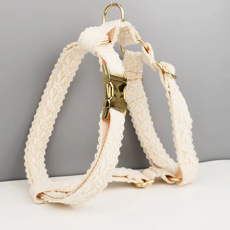 Cream-colored dog harness with gold hardware on a gray background