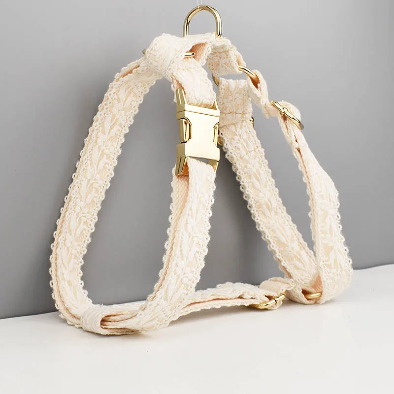 Cream-colored lace dog harness with gold hardware on a gray background