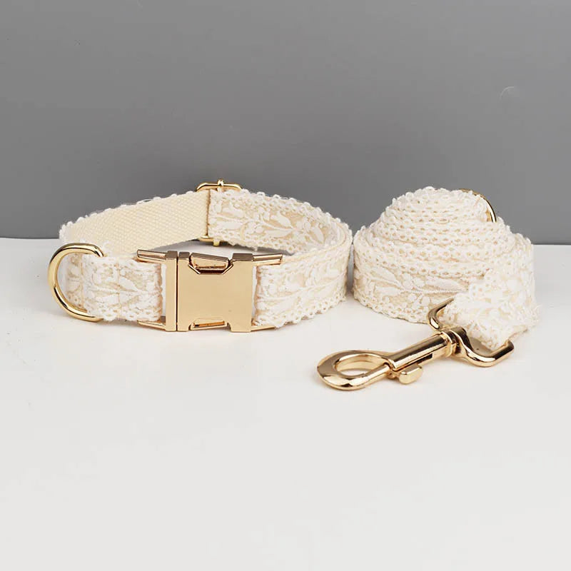 White braided dog collar and leash set with gold hardware on a gray background