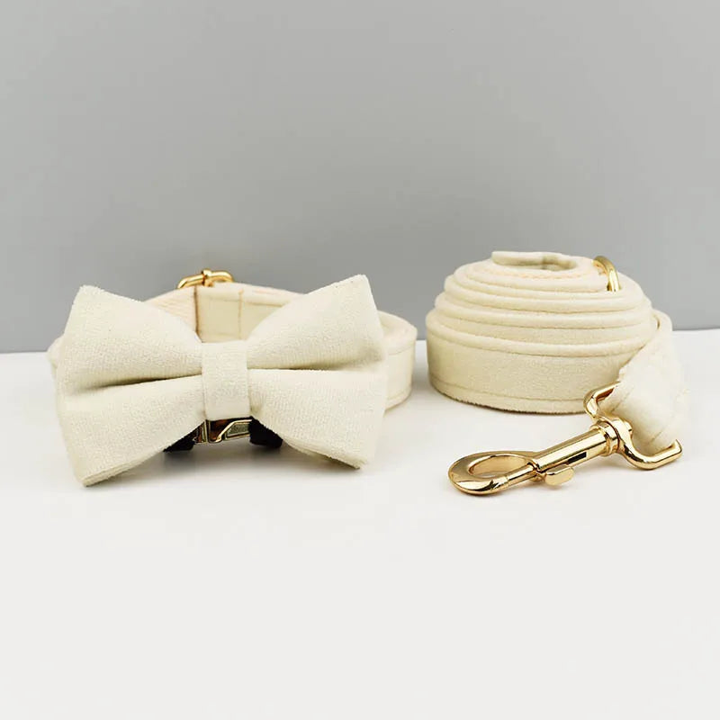 Cream-colored dog bow tie and leash set on a light gray background