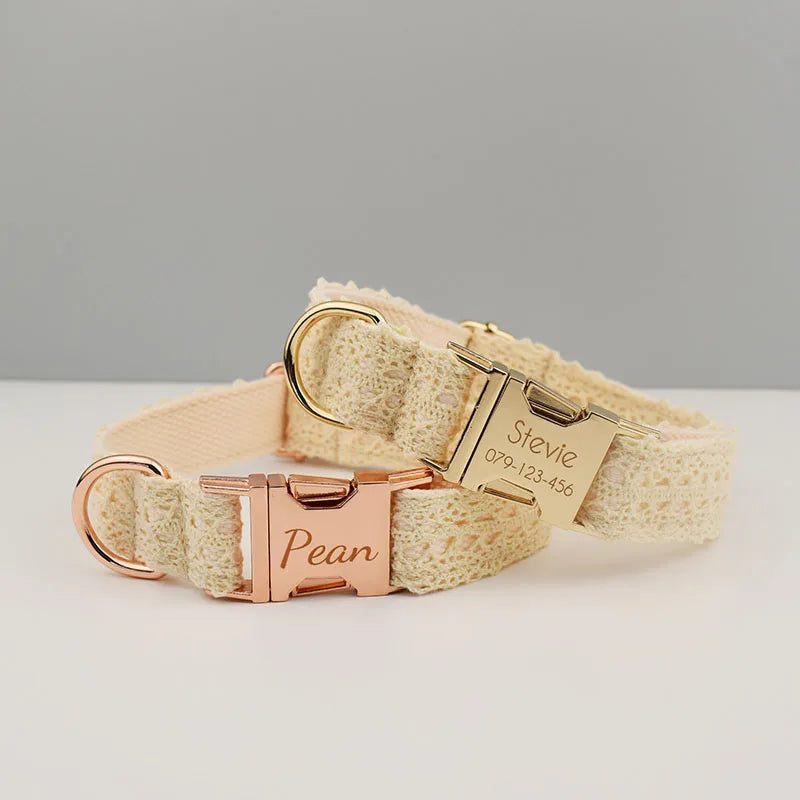 Beige dog collar with rose gold hardware and engraved nameplate on a light gray background