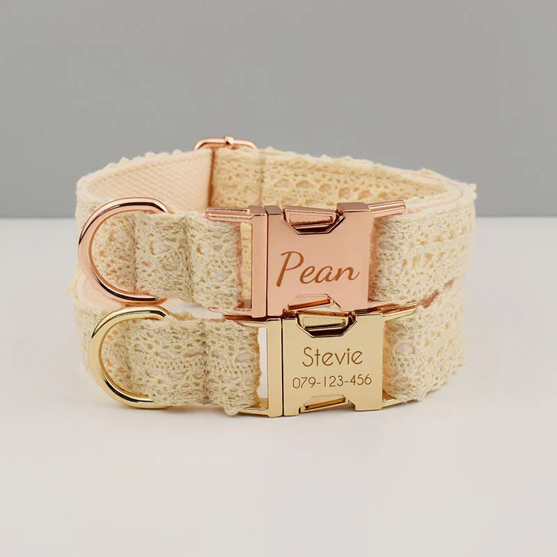 Dog collar with rose gold hardware on a light gray background