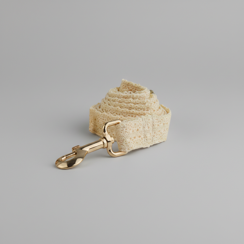 Beige dog leash with gold clasp on a gray background