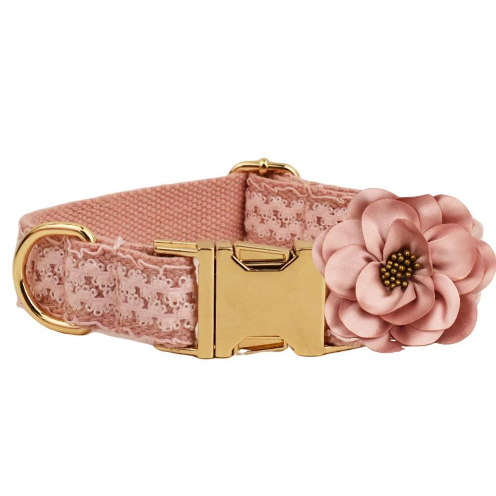 Pink dog collar with floral design and gold buckle on a white background