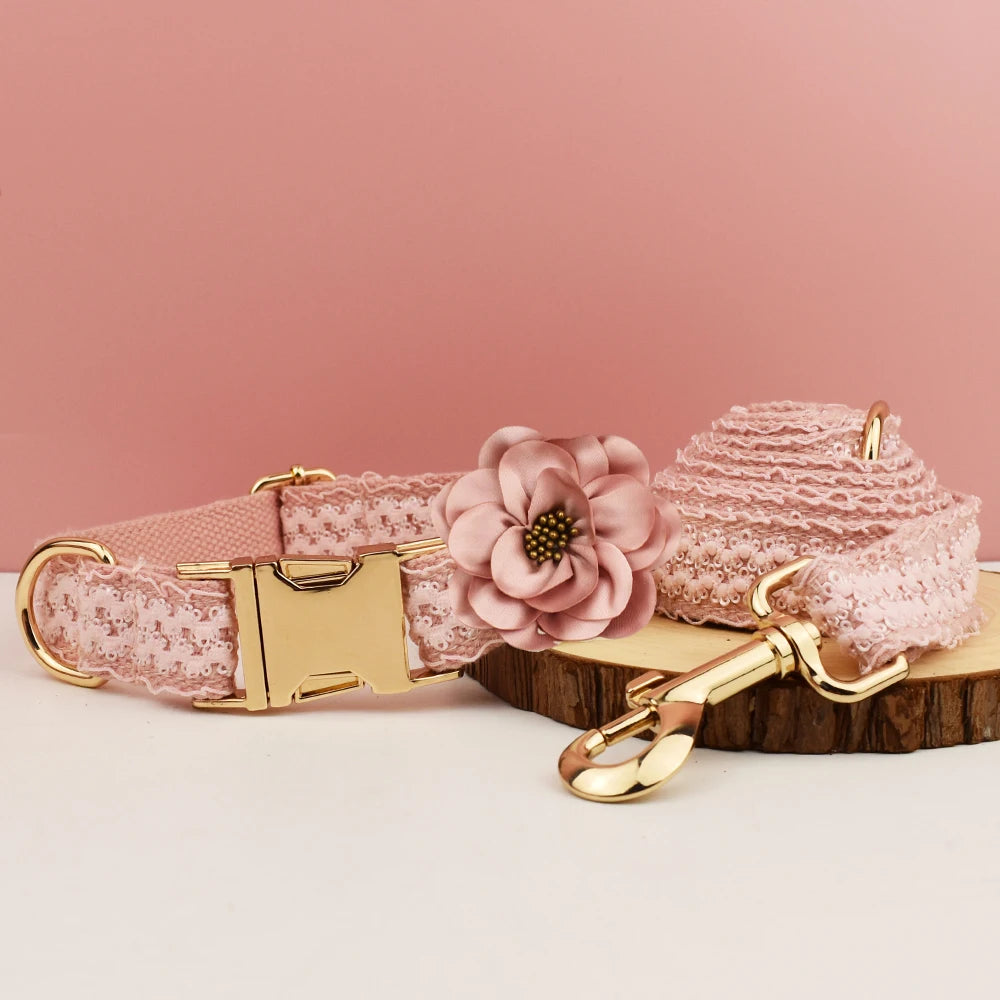 Pink lace dog collar with floral design and gold hardware on a pink background