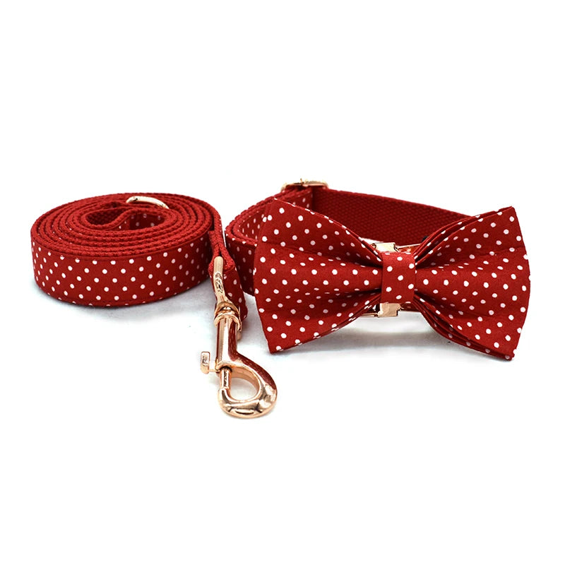 Red polka dot dog collar and leash set on a white background