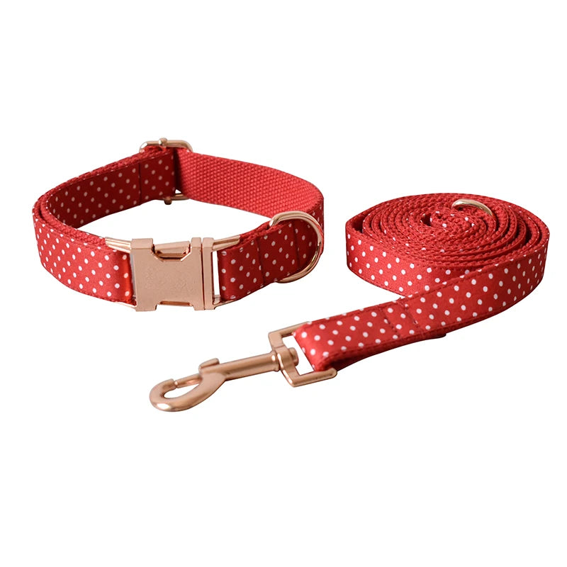 Red polka dot dog collar and leash set with rose gold hardware on a white background