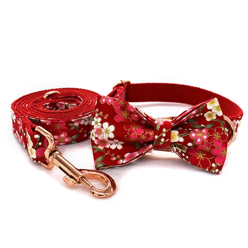 Red floral dog collar and leash set on a white background