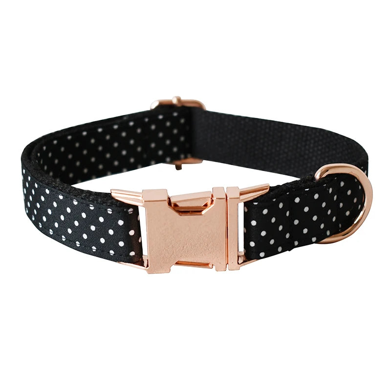 Black polka dot dog collar with a rose gold buckle on a white background