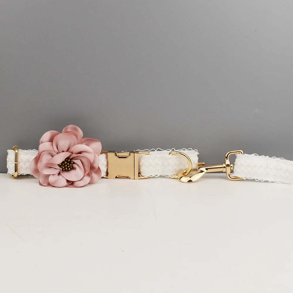 Dog collar with a pink flower and gold clasp on a gray background
