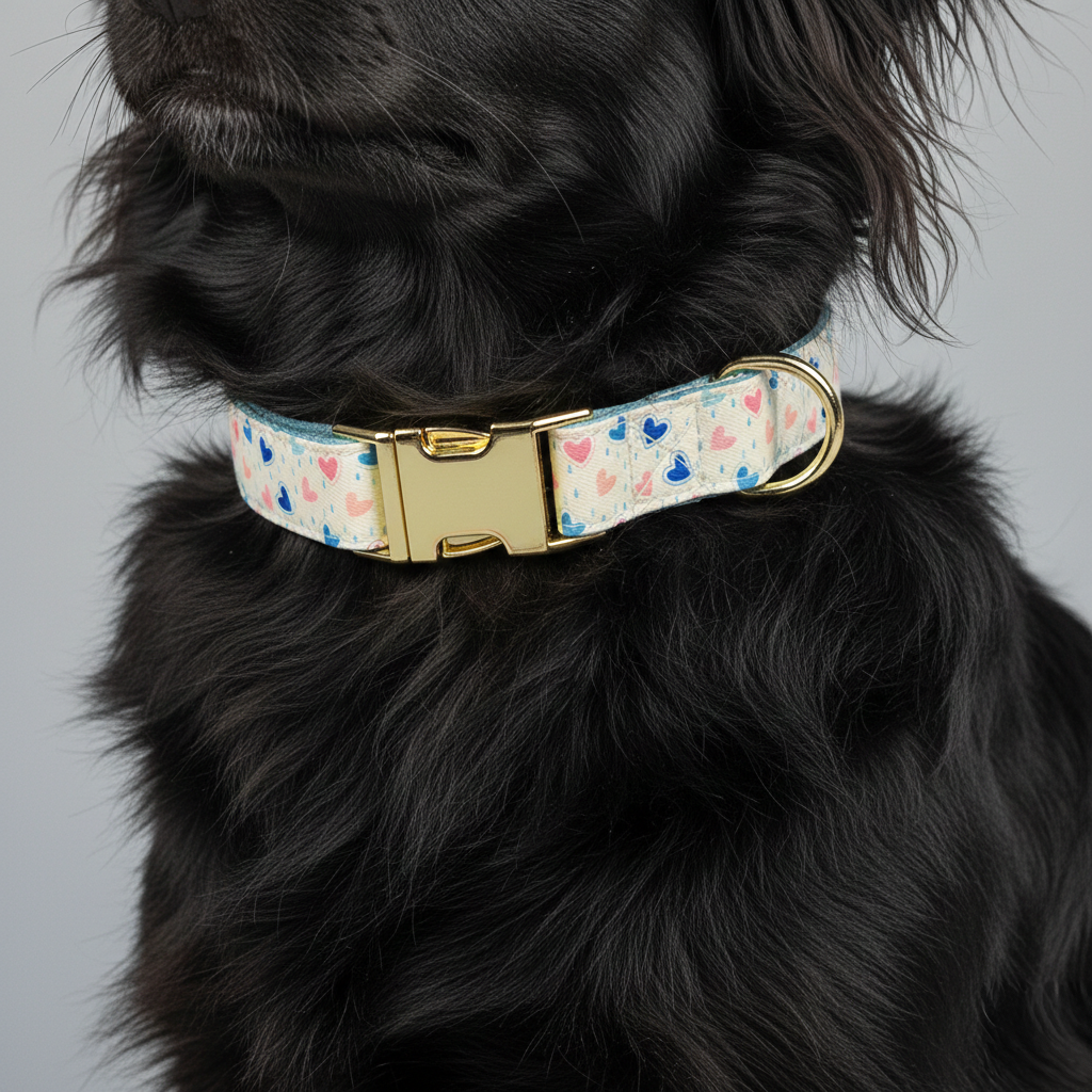Dog wearing a patterned collar with a gold buckle on a gray background