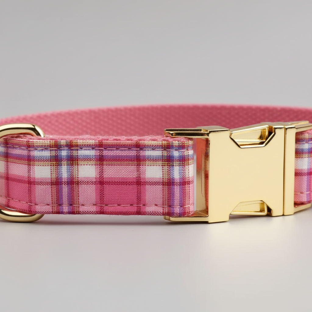 Pink plaid dog collar with gold buckle on a light gray background