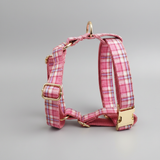 Pink plaid dog harness with gold hardware on a gray background