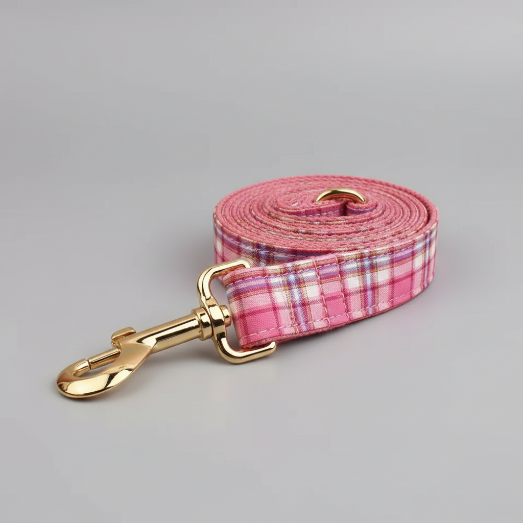 Pink plaid dog leash with gold clip on a gray background
