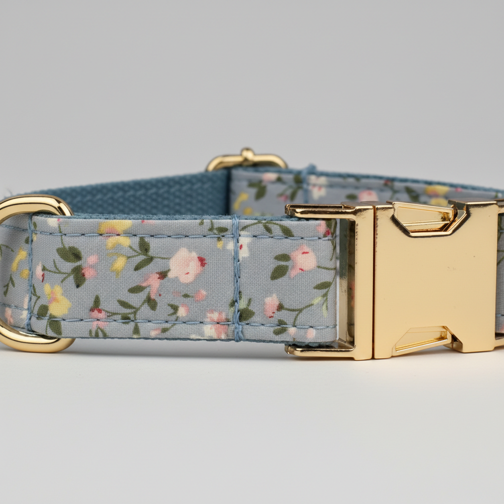 Floral-patterned dog collar with gold hardware on a gray background