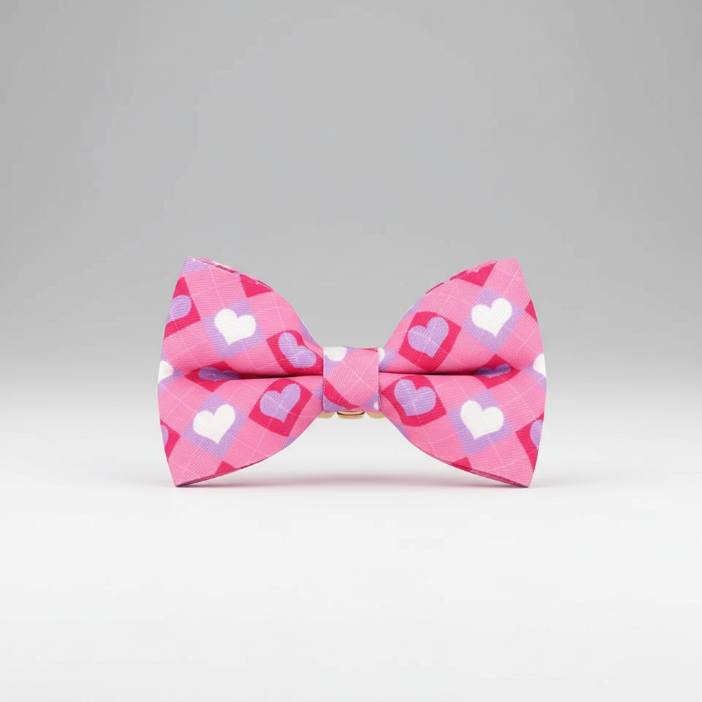Pink bow tie with heart pattern on a gray background