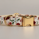 Floral-patterned dog collar with gold buckle on a light gray background