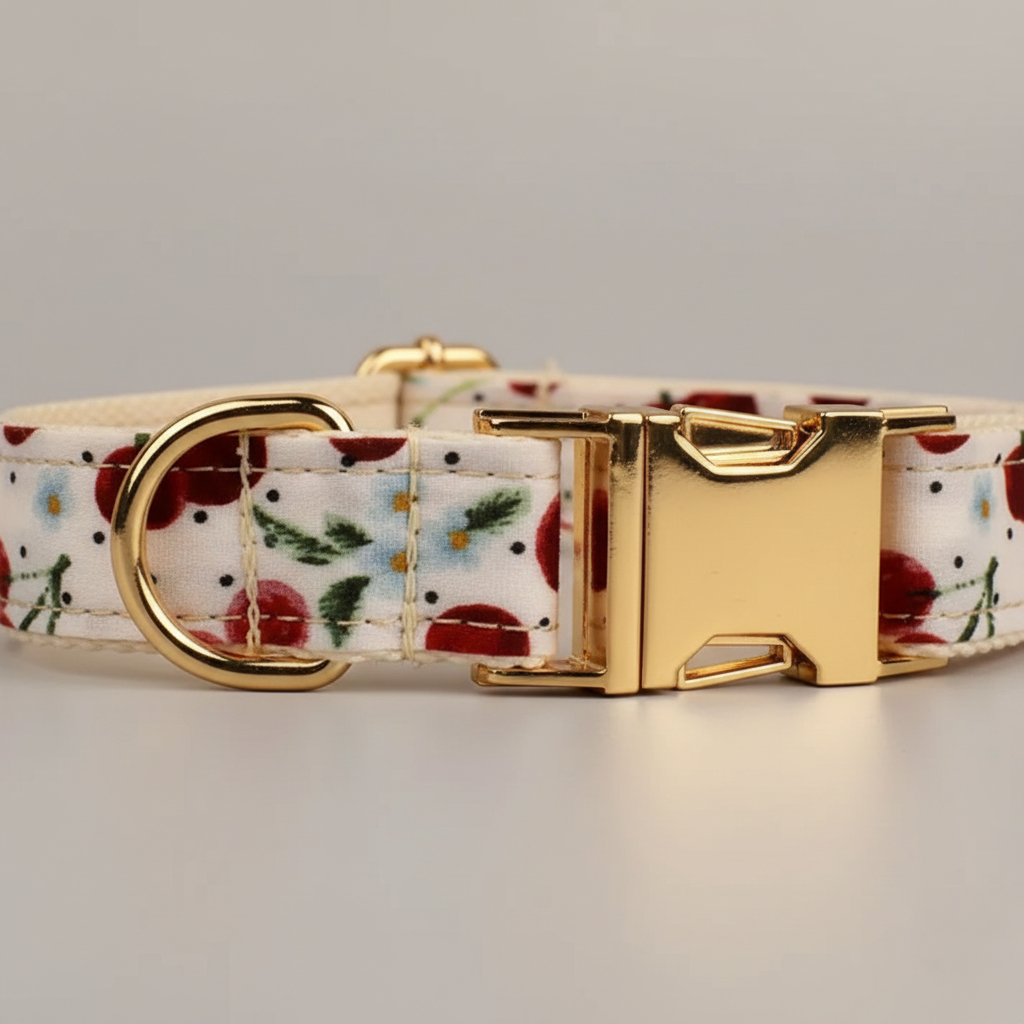 Floral-patterned dog collar with gold buckle on a light gray background