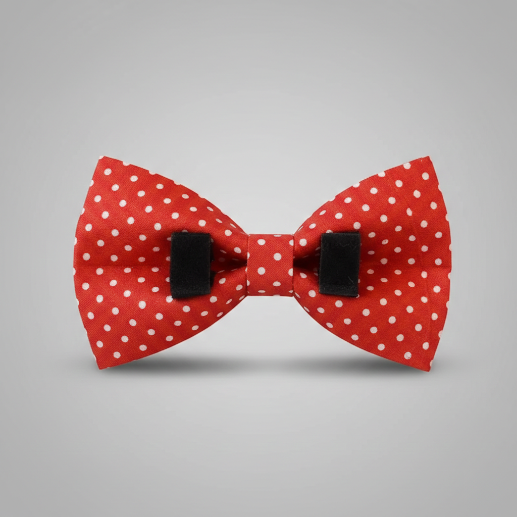 Red bow tie with white polka dots on a gray background