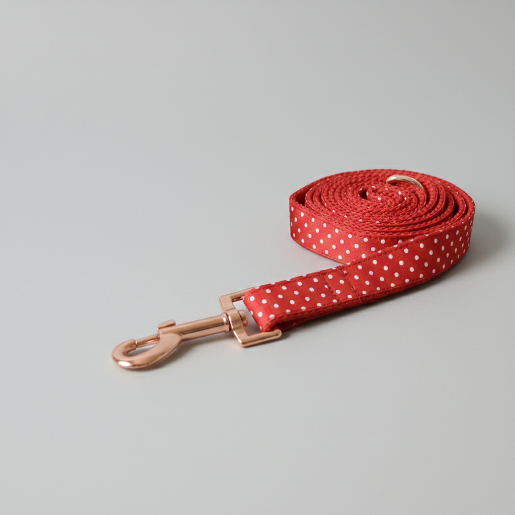 Red polka dot dog leash with rose gold clip on a gray background