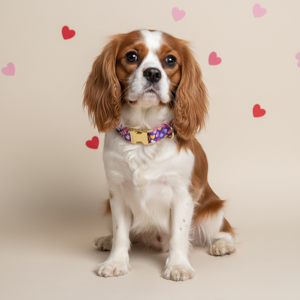 Dog wearing a colorful collar with heart-shaped decorations on a beige background