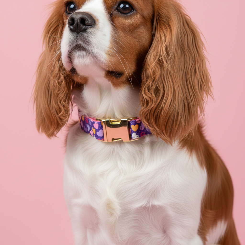 Dog wearing a colorful collar on a pink background