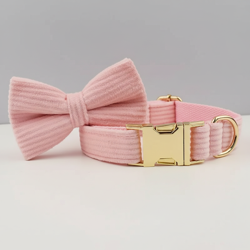 Pink dog collar with a large bow and gold buckle on a light gray background