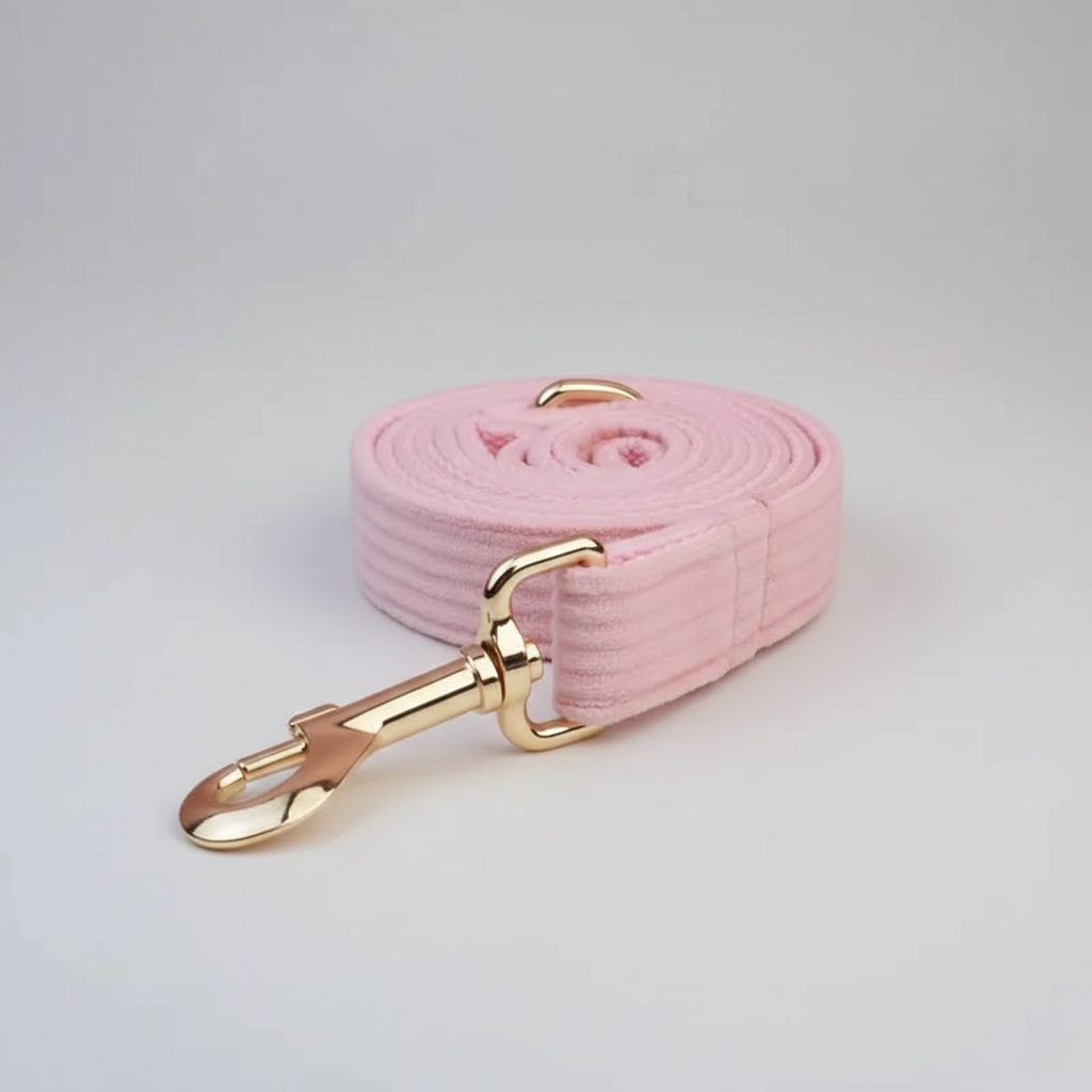 Pink dog leash with gold clip on a light gray background