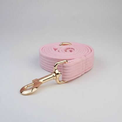 Pink dog leash with gold clip on a light gray background