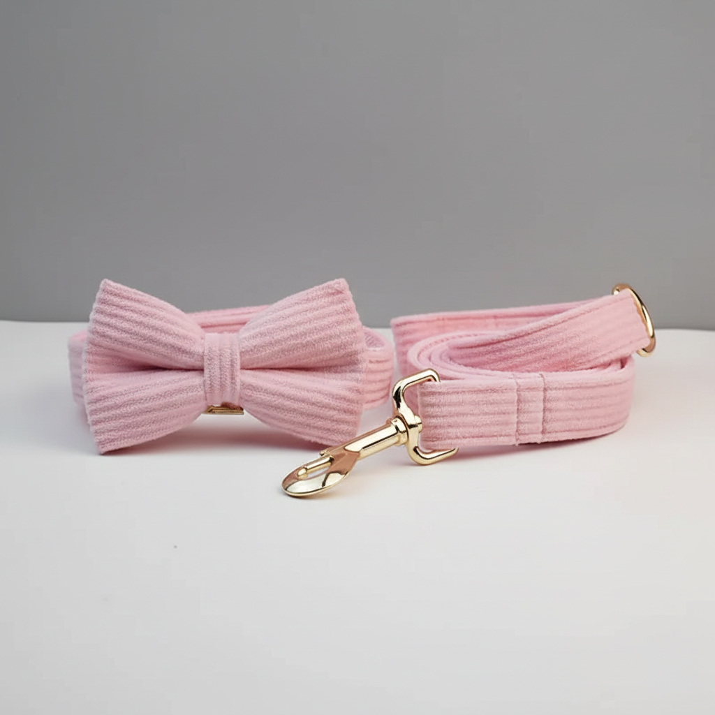 Pink dog collar with bow tie and leash on a gray background