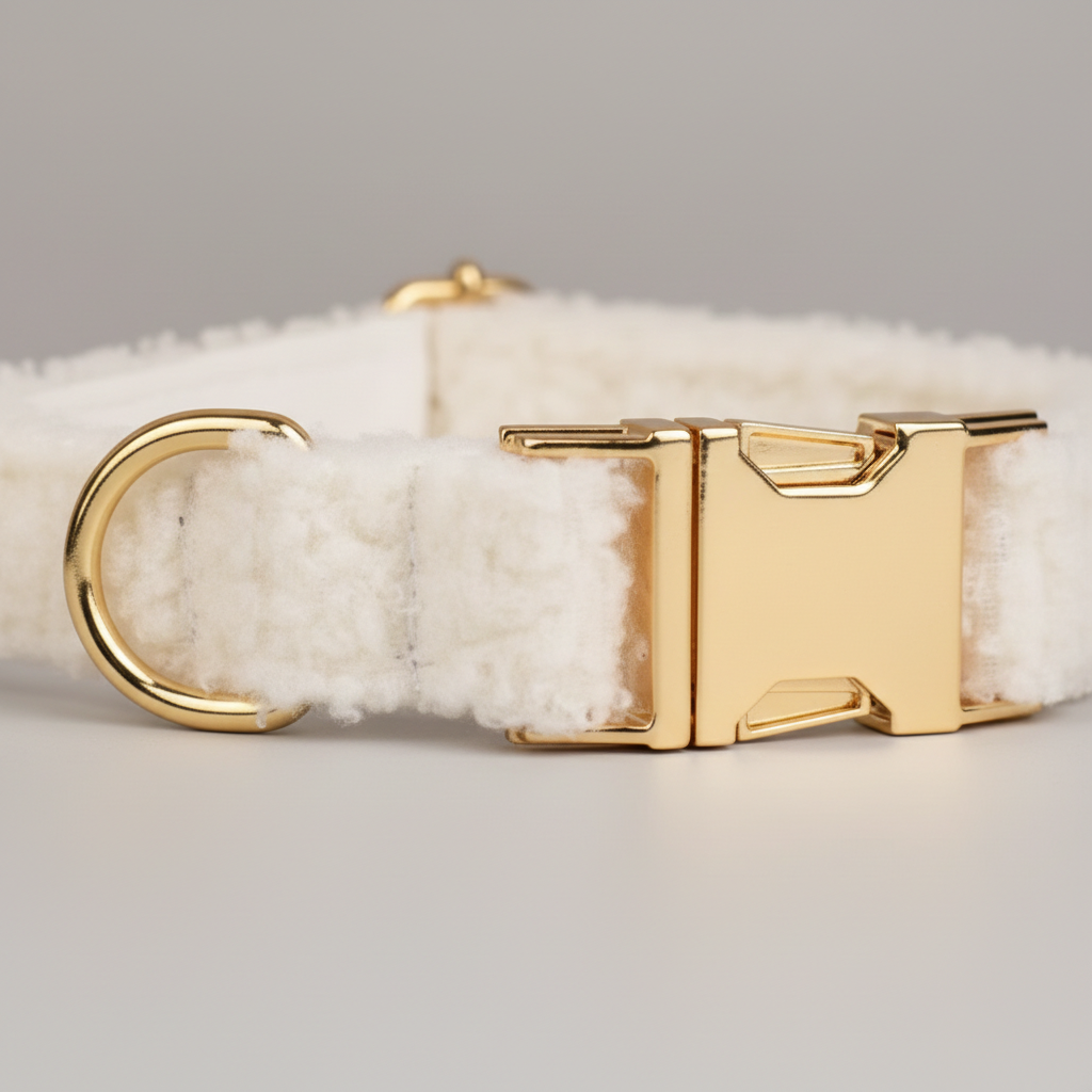 White dog collar with gold hardware on a light gray background