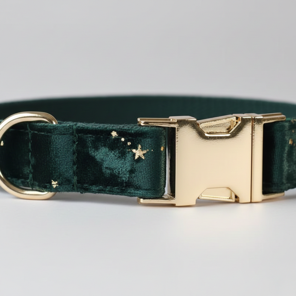 Green velvet dog collar with gold hardware on a light gray background