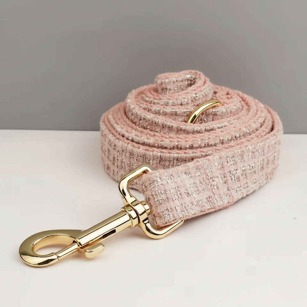 Pink textured dog leash with gold hardware on a white surface.