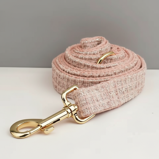 Pink textured dog leash with gold hardware on a white surface.
