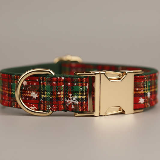Plaid dog collar with gold buckle on a gray background