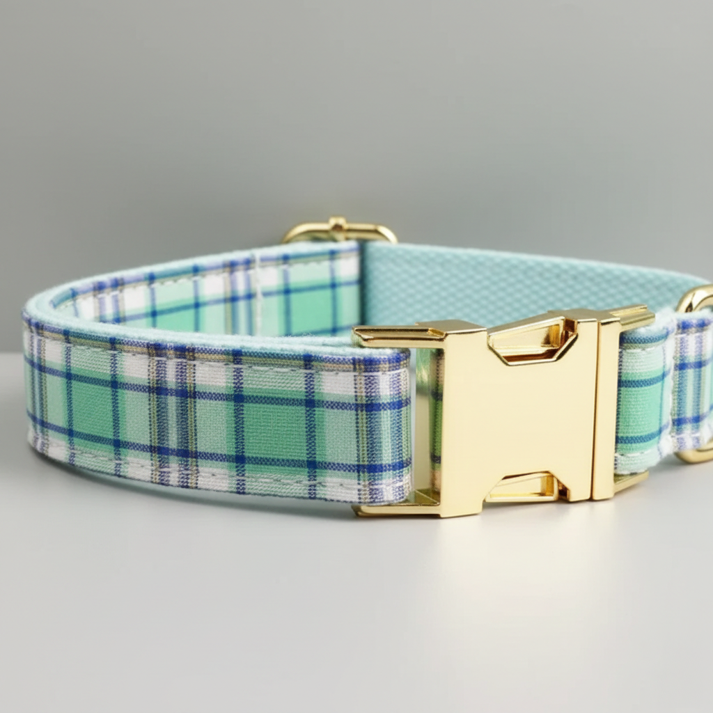 Dog collar with plaid pattern and gold buckle on a gray background