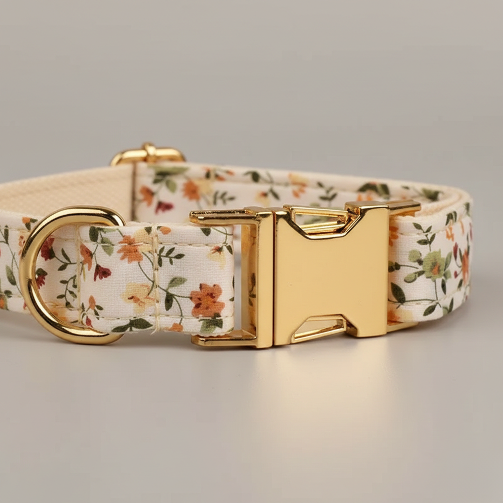 Floral-patterned dog collar with gold buckle on a neutral background