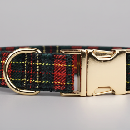 Plaid dog collar with gold buckle on a gray background