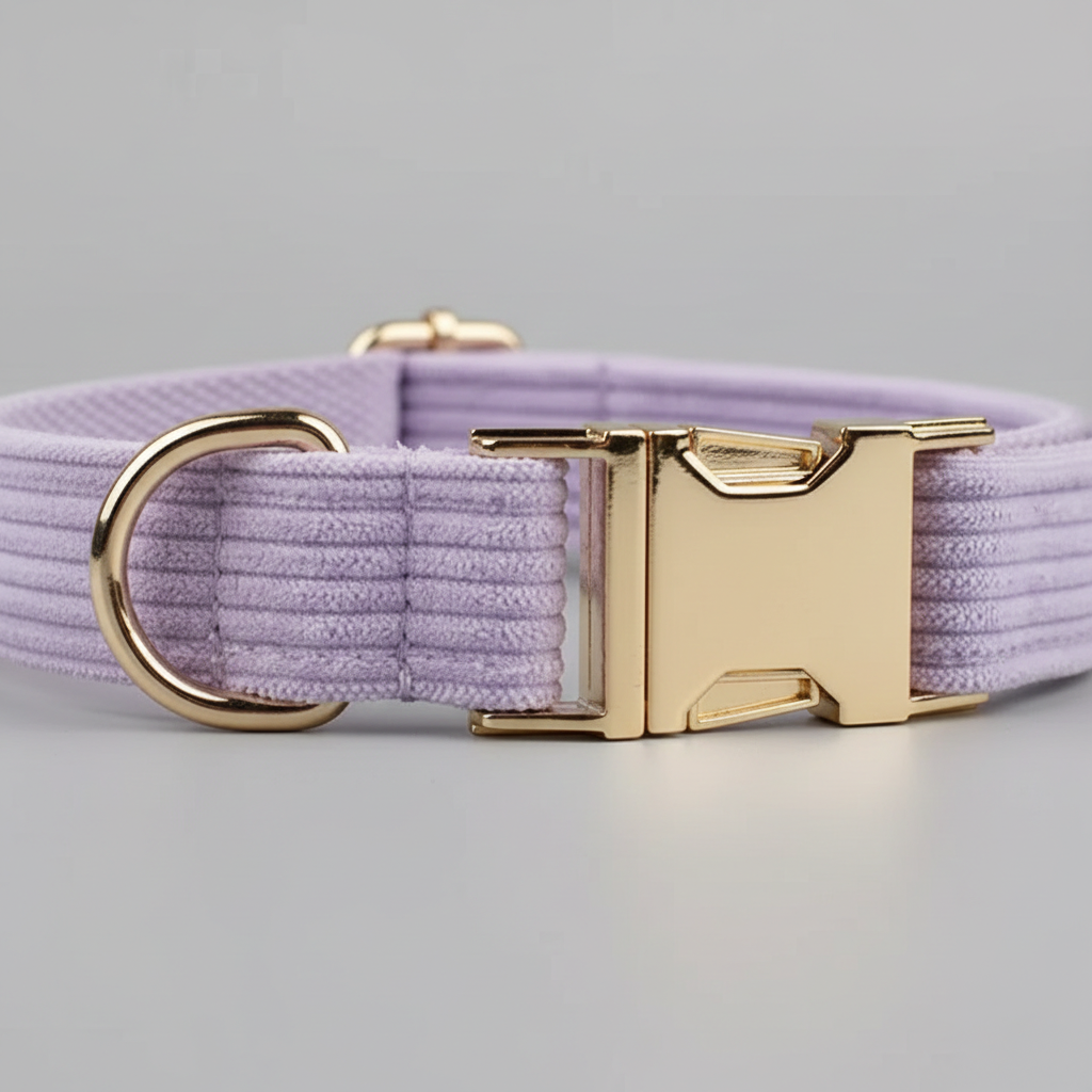 Lavender dog collar with gold buckle on a light gray background